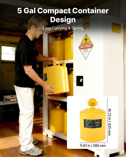 Safety Can, 19 L Type I Yellow Safety Can for Diesel with Stainless Steel Flame Arrester, Self-Closing Lid, and PE Funnel, Carbon Steel Flammable Fuel Storage Container with Ergonomic Handle