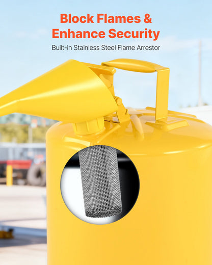 Safety Can, 19 L Type I Yellow Safety Can for Diesel with Stainless Steel Flame Arrester, Self-Closing Lid, and PE Funnel, Carbon Steel Flammable Fuel Storage Container with Ergonomic Handle