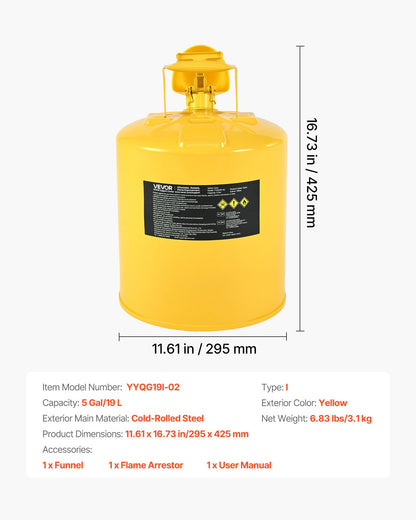 Safety Can, 19 L Type I Yellow Safety Can for Diesel with Stainless Steel Flame Arrester, Self-Closing Lid, and PE Funnel, Carbon Steel Flammable Fuel Storage Container with Ergonomic Handle