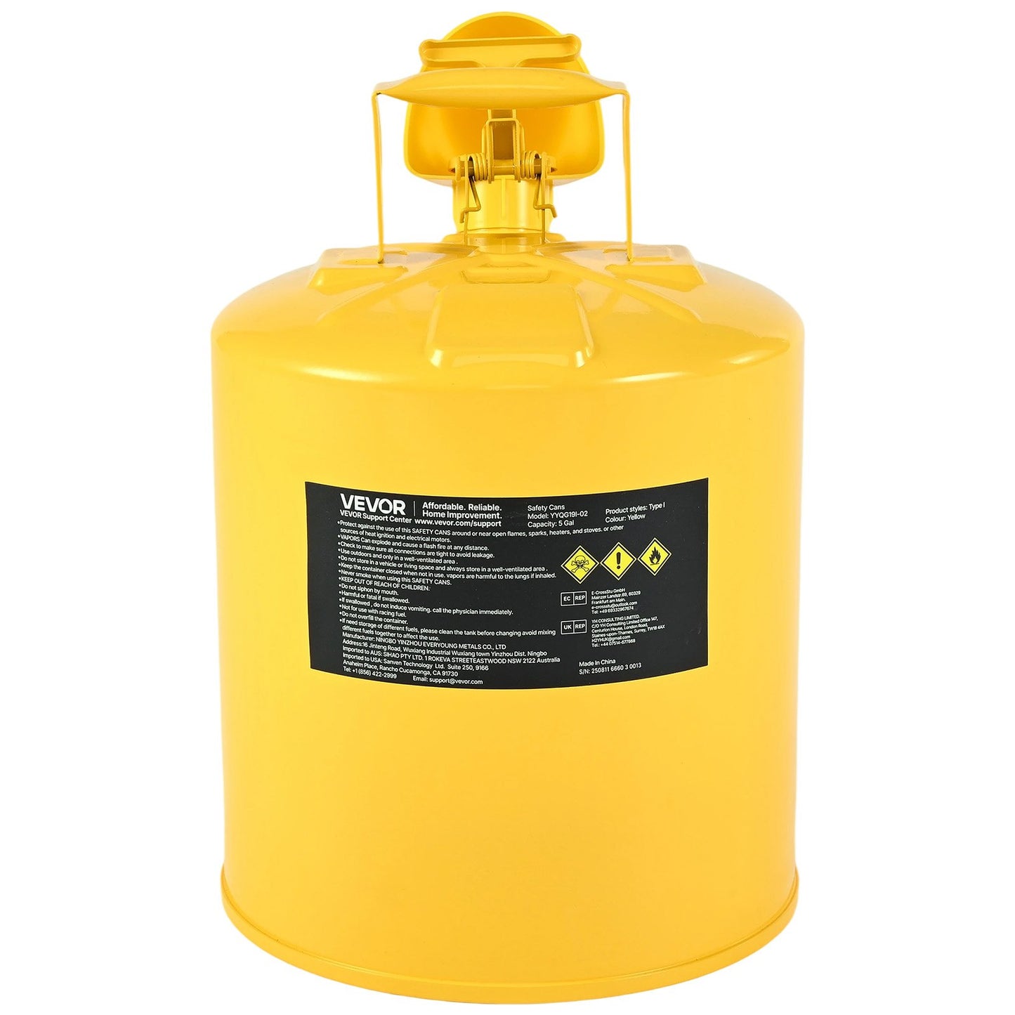 Safety Can, 19 L Type I Yellow Safety Can for Diesel with Stainless Steel Flame Arrester, Self-Closing Lid, and PE Funnel, Carbon Steel Flammable Fuel Storage Container with Ergonomic Handle