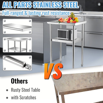 Stainless Steel Prep Table, 61 x 46 x 91 cm, 272 kg Load Capacity Heavy Duty Metal Worktable with Adjustable Undershelf & Feet, Commercial Workstation for Kitchen Restaurant Garage Backyard