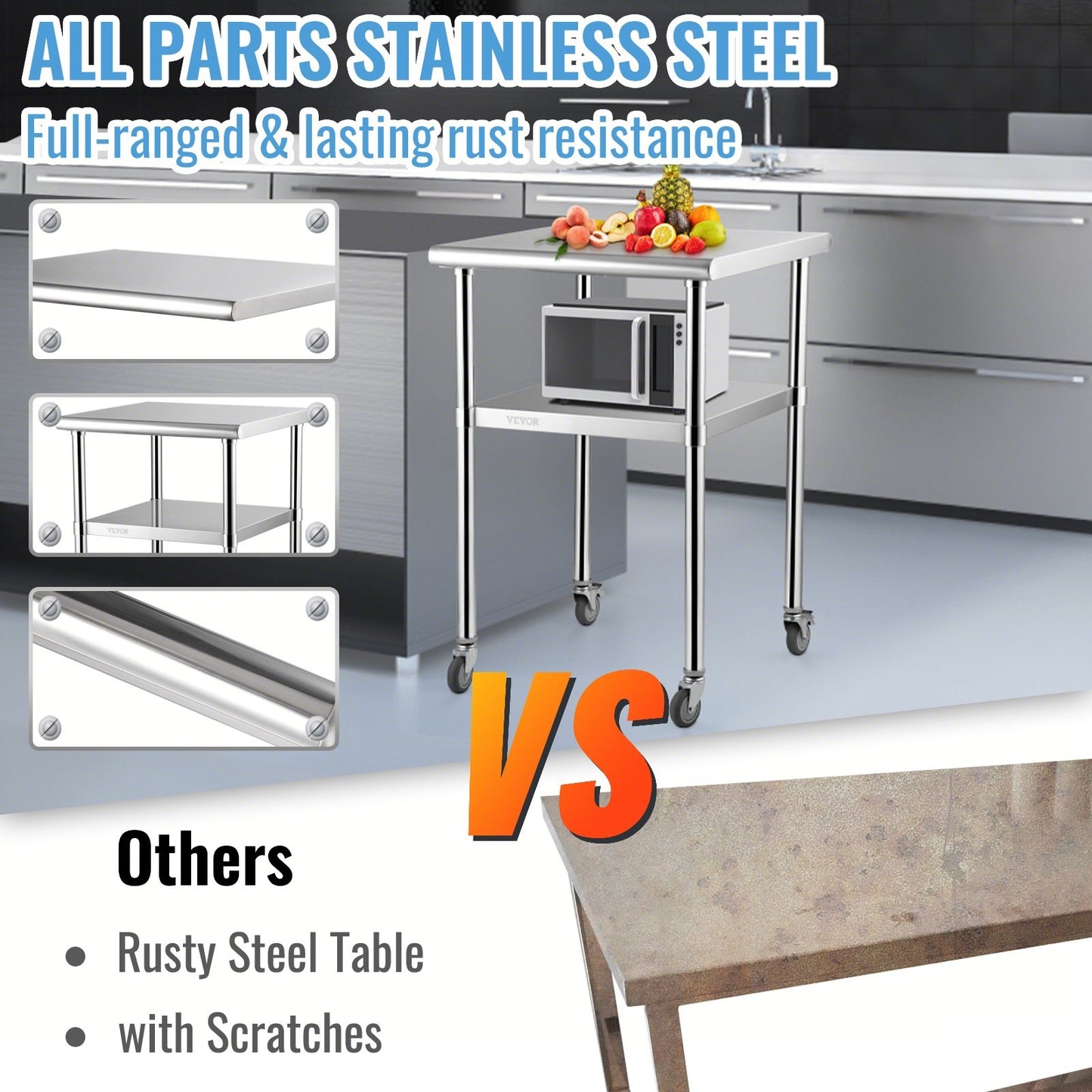 Stainless Steel Prep Table, 61 x 61 x 91 cm, 272 kg Load Capacity Heavy Duty Metal Worktable with Adjustable Undershelf & Universal Wheels, Commercial Workstation for Kitchen Garage Backyard