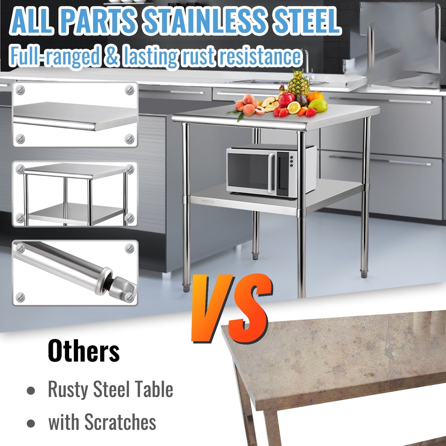 Stainless Steel Prep Table, 30 x 30 x 36 Inch, 800lbs Load Capacity Heavy Duty Metal Worktable with Adjustable Undershelf & Feet, Commercial Workstation for Kitchen Garage Restaurant Backyard