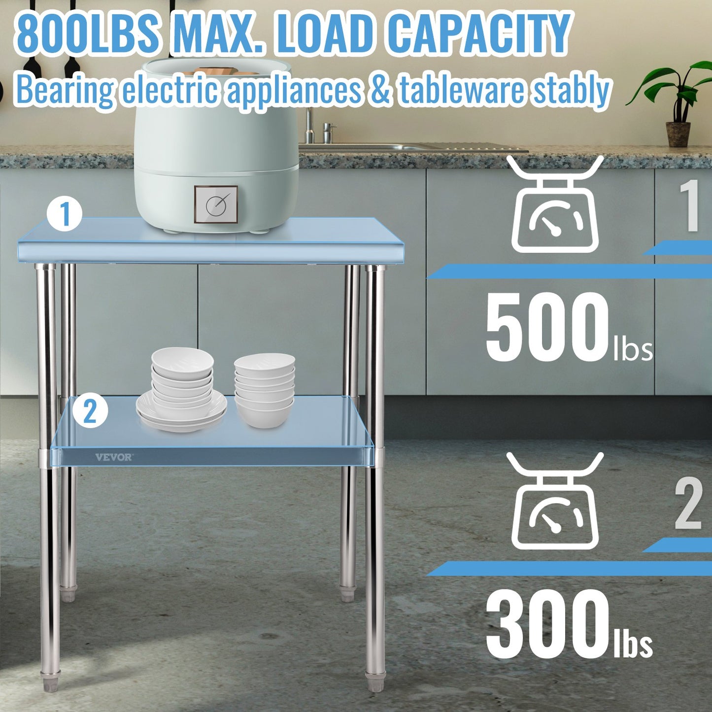 Stainless Steel Prep Table, 30 x 30 x 36 Inch, 800lbs Load Capacity Heavy Duty Metal Worktable with Adjustable Undershelf & Feet, Commercial Workstation for Kitchen Garage Restaurant Backyard