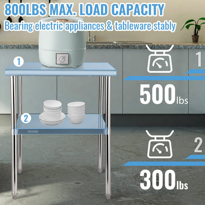 Stainless Steel Prep Table, 30 x 30 x 36 Inch, 800lbs Load Capacity Heavy Duty Metal Worktable with Adjustable Undershelf & Feet, Commercial Workstation for Kitchen Garage Restaurant Backyard