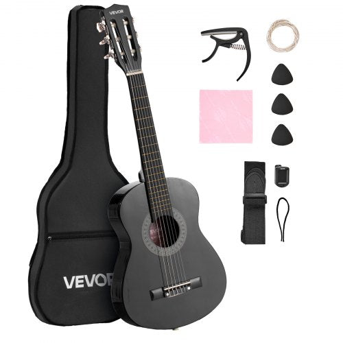 Classical Guitar, 780 mm, Wood Classical Guitar Starter Kit for Beginners, with Nylon Strings, Gig Bag, Strap, Tuner, Extra Strings, Picks, Capo, Basswood, for Kids Girls Boys Students, Black
