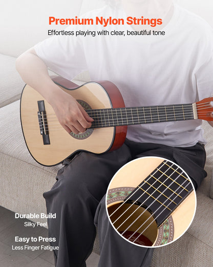 Classical Guitar, 780 mm, Wood Classical Guitar Starter Kit for Beginners, with Nylon Strings, Gig Bag, Strap, Tuner, Extra Strings, Picks, Capo, Basswood, for Kids Girls Boys Students, Natural