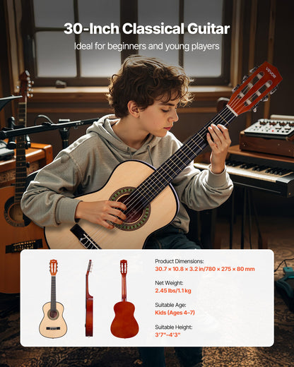 Classical Guitar, 780 mm, Wood Classical Guitar Starter Kit for Beginners, with Nylon Strings, Gig Bag, Strap, Tuner, Extra Strings, Picks, Capo, Basswood, for Kids Girls Boys Students, Natural