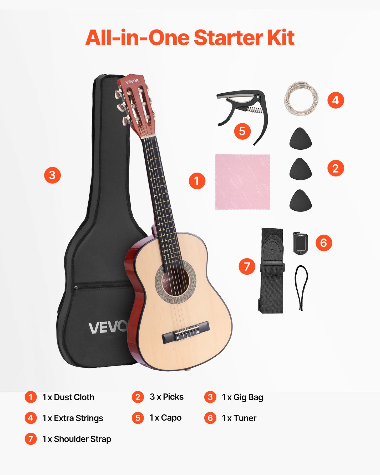 Classical Guitar, 780 mm, Wood Classical Guitar Starter Kit for Beginners, with Nylon Strings, Gig Bag, Strap, Tuner, Extra Strings, Picks, Capo, Basswood, for Kids Girls Boys Students, Natural