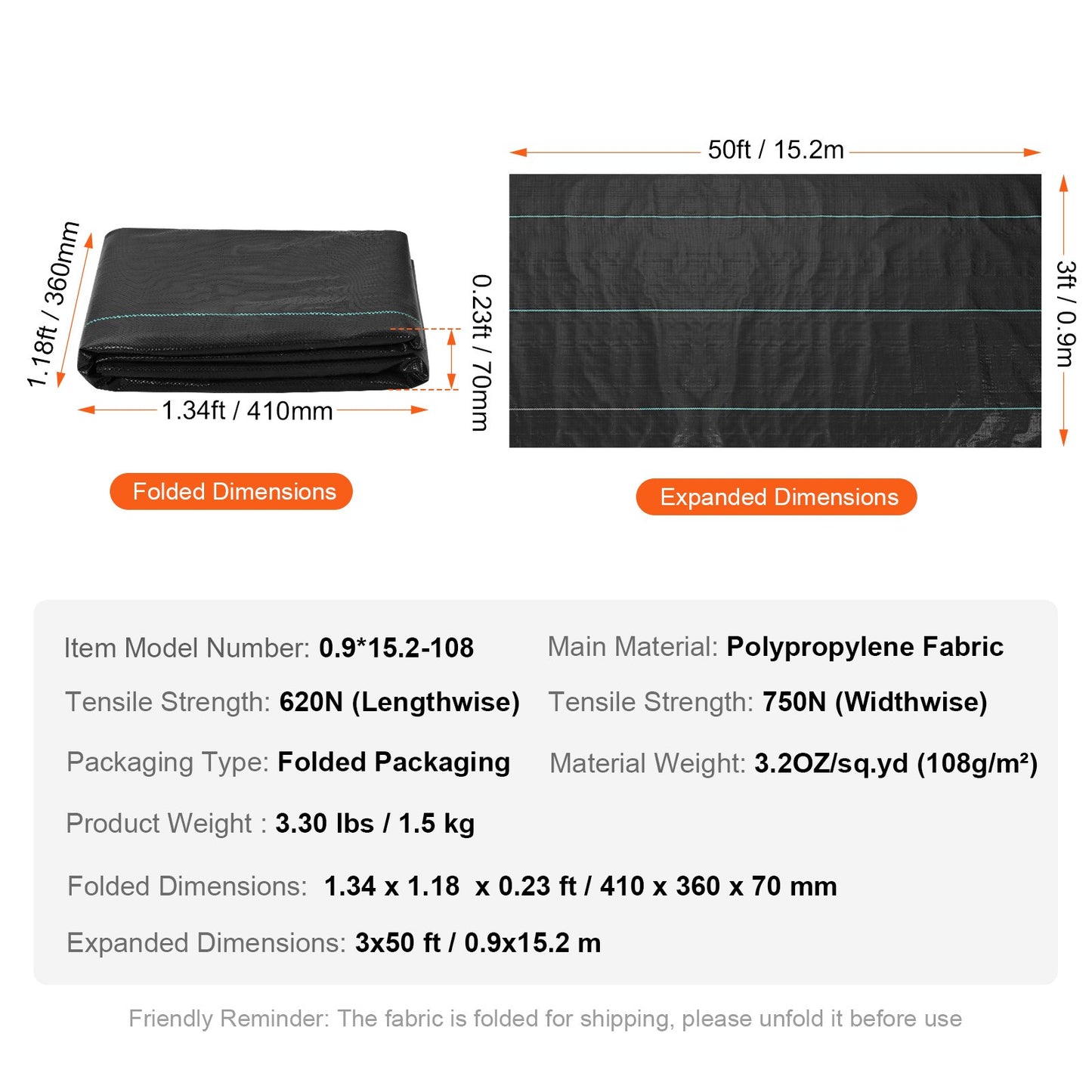 Hochwertiges, robustes Unkrautvlies (91 x 1524 cm), 3,2 oz (91 g/m²) gewebtes Geotextil unter Kies, hohe Wasserdurchlässigkeit, geeignet als Unkrautvlies, für Einfahrten und als Unkrautschutzgewebe im Garten.