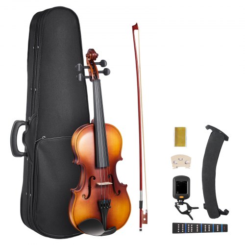 Violine 355 mm, volle Größe für Erwachsene, Geigen-Set für Anfänger mit Hartschalenkoffer, Kolophonium, Bogen, Schulterstütze, Steg, Stimmgerät und Ersatzsaiten, professionelles Musikinstrument für Schüler (Braun)