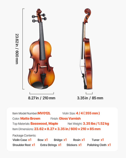 Violin 355mm Full Size for Adults, Violin Fiddle Set for Beginners with Hard Case, Rosin, Bow, Shoulder Rest, Bridge, Tuner and Extra Strings, Professional Musical Instruments for Student (Brown)