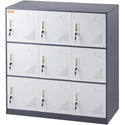Metal Locker for Employees, 9 Doors Storage Cabinet with Card Slot, Gray Steel Employee Lockers with Keys, 66lbs Loading Capacity office Storage Lockers for Office, Home, School, Gym