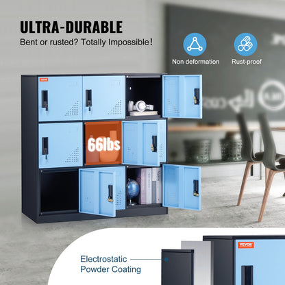 Metal Locker for Employees, 9 Doors Storage Cabinet with Card Slot, Employee Lockers with Keys, 66lbs Loading Capacity office Storage Lockers for Office, Home, School, Gym, Black