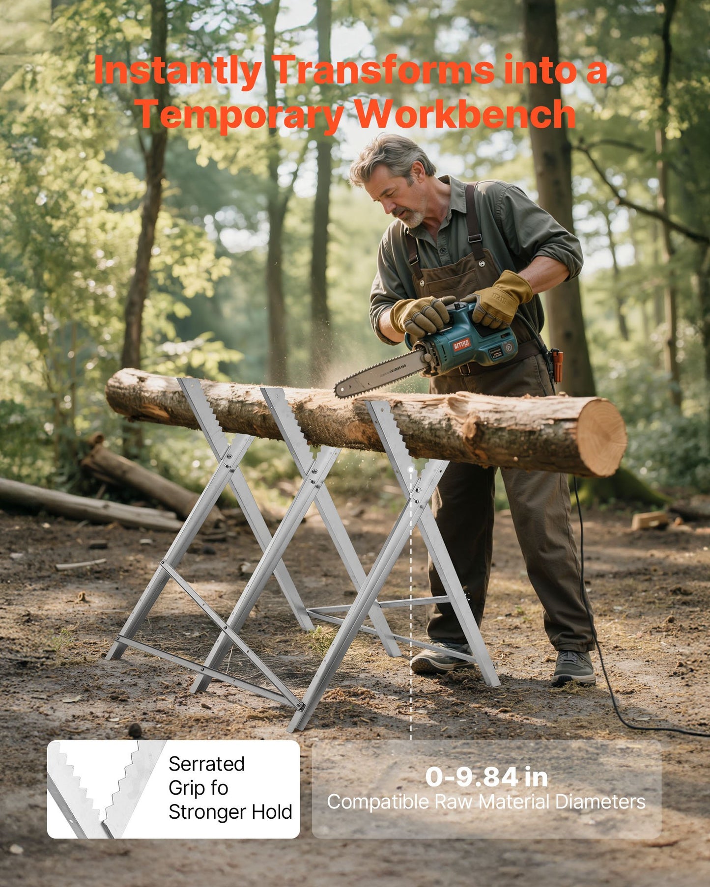 Saw Horse, 149.7 kg Capacity Folding Work Horse with Heavy Duty Legs, All-Metal Sawhorses with High-Quality Steel Frame, Aligned Serrated Structure, for Woodworking, Carpenters & Contractors