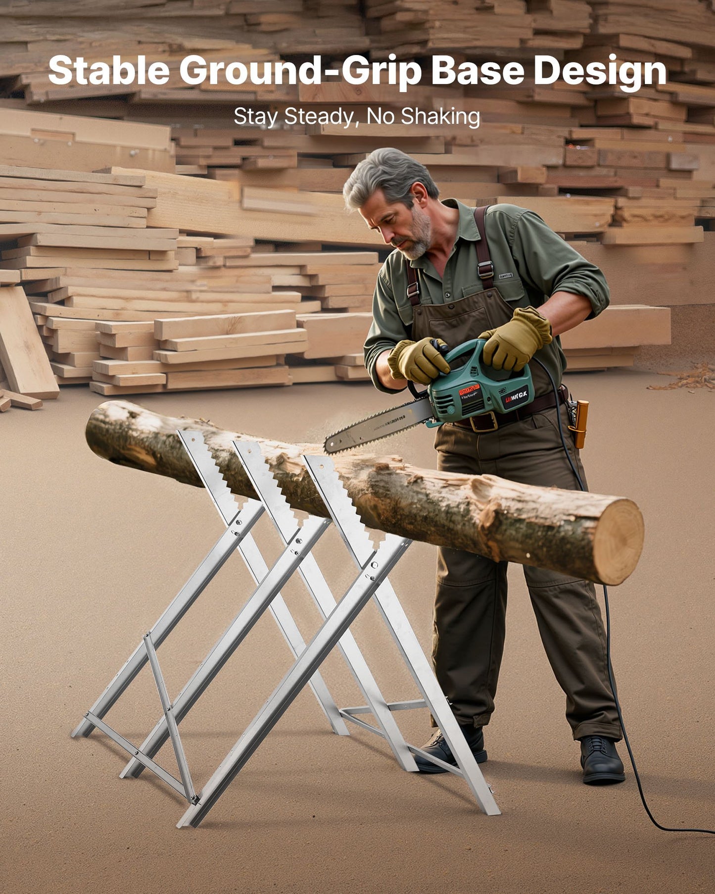 Saw Horse, 149.7 kg Capacity Folding Work Horse with Heavy Duty Legs, All-Metal Sawhorses with High-Quality Steel Frame, Aligned Serrated Structure, for Woodworking, Carpenters & Contractors