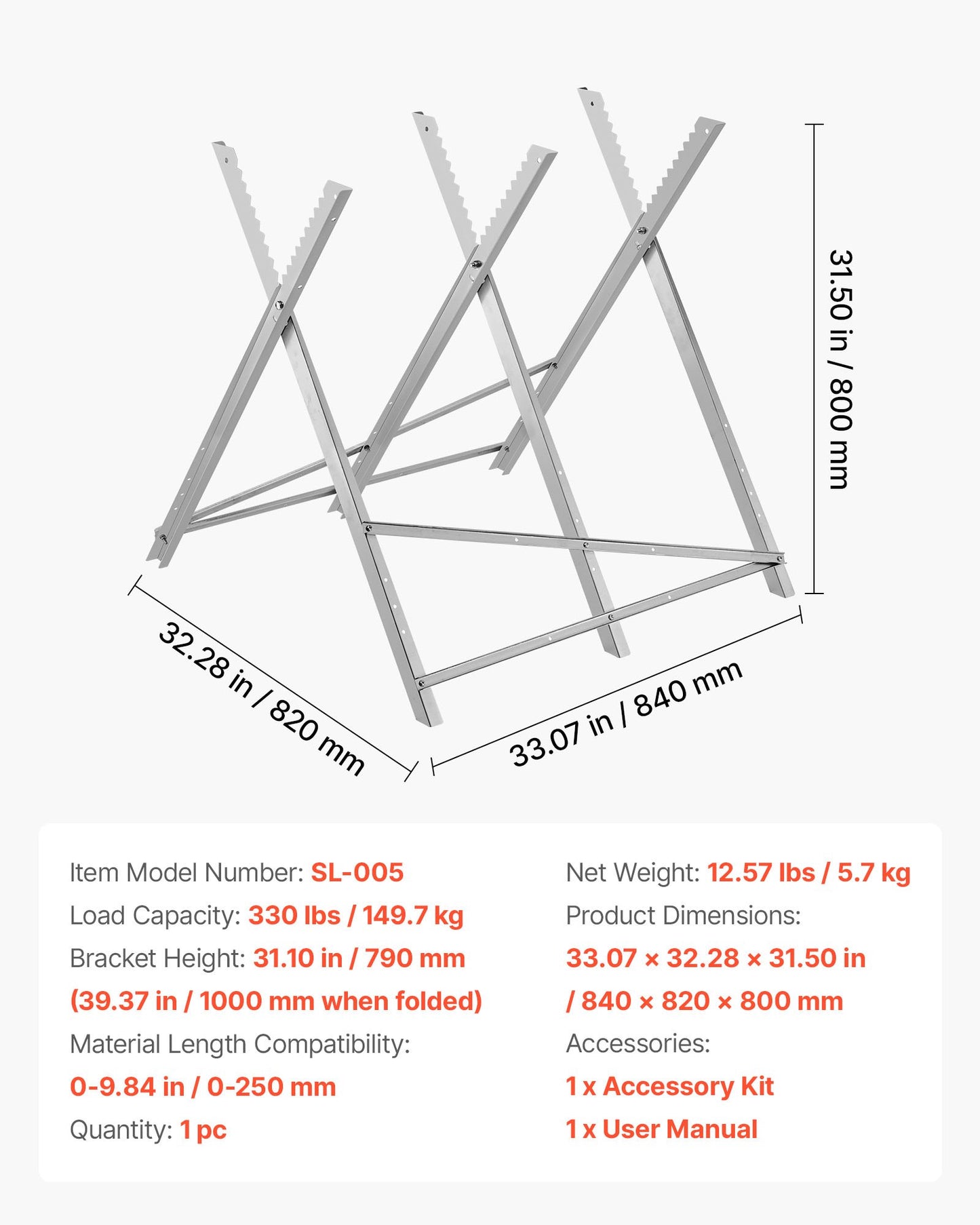 Saw Horse, 149.7 kg Capacity Folding Work Horse with Heavy Duty Legs, All-Metal Sawhorses with High-Quality Steel Frame, Aligned Serrated Structure, for Woodworking, Carpenters & Contractors