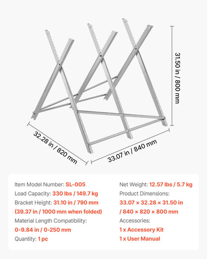 Saw Horse, 149.7 kg Capacity Folding Work Horse with Heavy Duty Legs, All-Metal Sawhorses with High-Quality Steel Frame, Aligned Serrated Structure, for Woodworking, Carpenters & Contractors