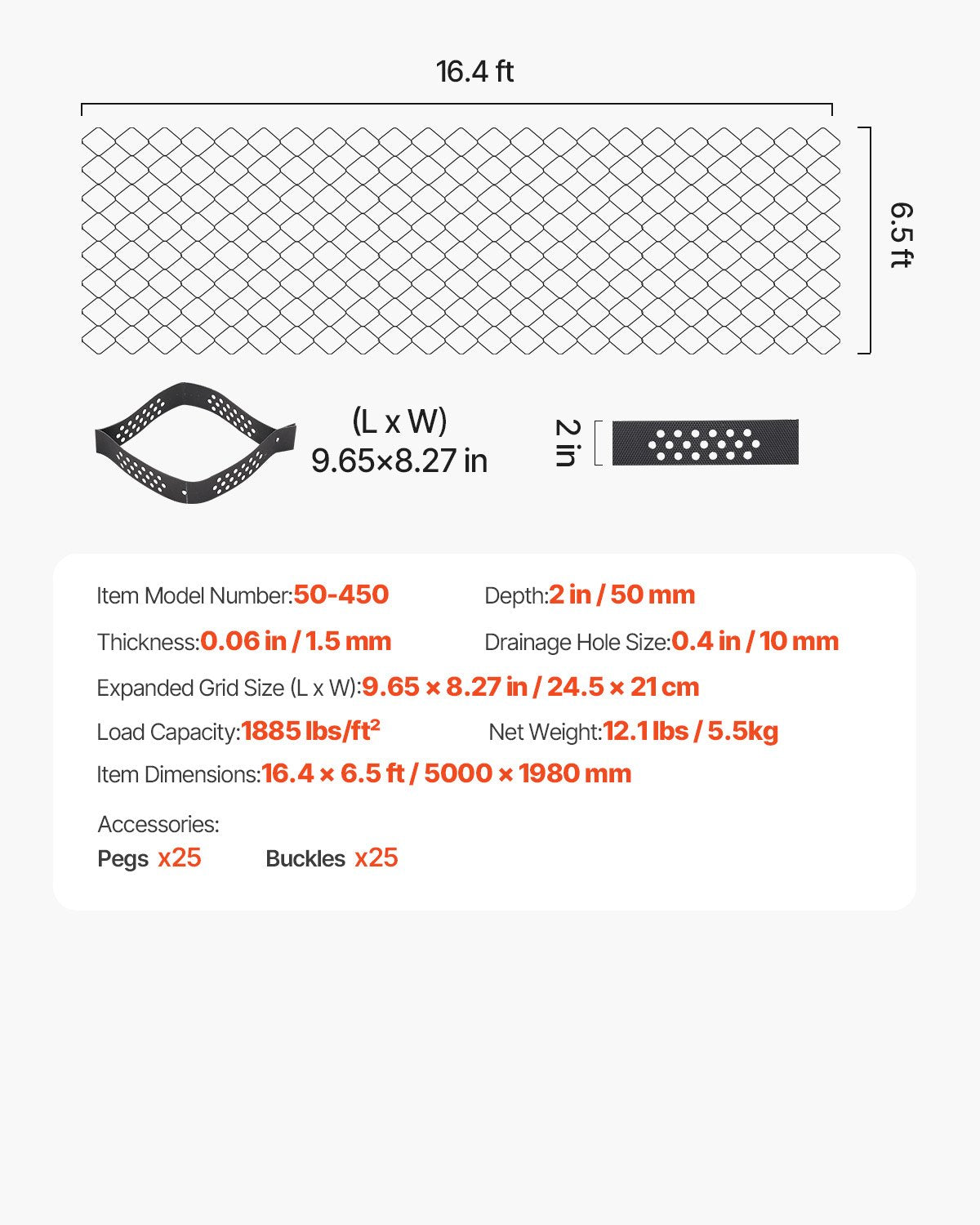Gravel Grid, 2 Inch Depth, 16.4 x 6.5 FT / 5000 x 1980 mm, 1880 LBS Per Sq ft Grass Ground Retainer, Permeable Geo Grids Driveway Stabilization, for Garden, Patio, Walkway, RV Parking Slopes