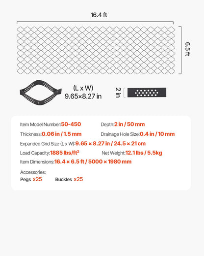 Gravel Grid, 2 Inch Depth, 16.4 x 6.5 FT / 5000 x 1980 mm, 1880 LBS Per Sq ft Grass Ground Retainer, Permeable Geo Grids Driveway Stabilization, for Garden, Patio, Walkway, RV Parking Slopes