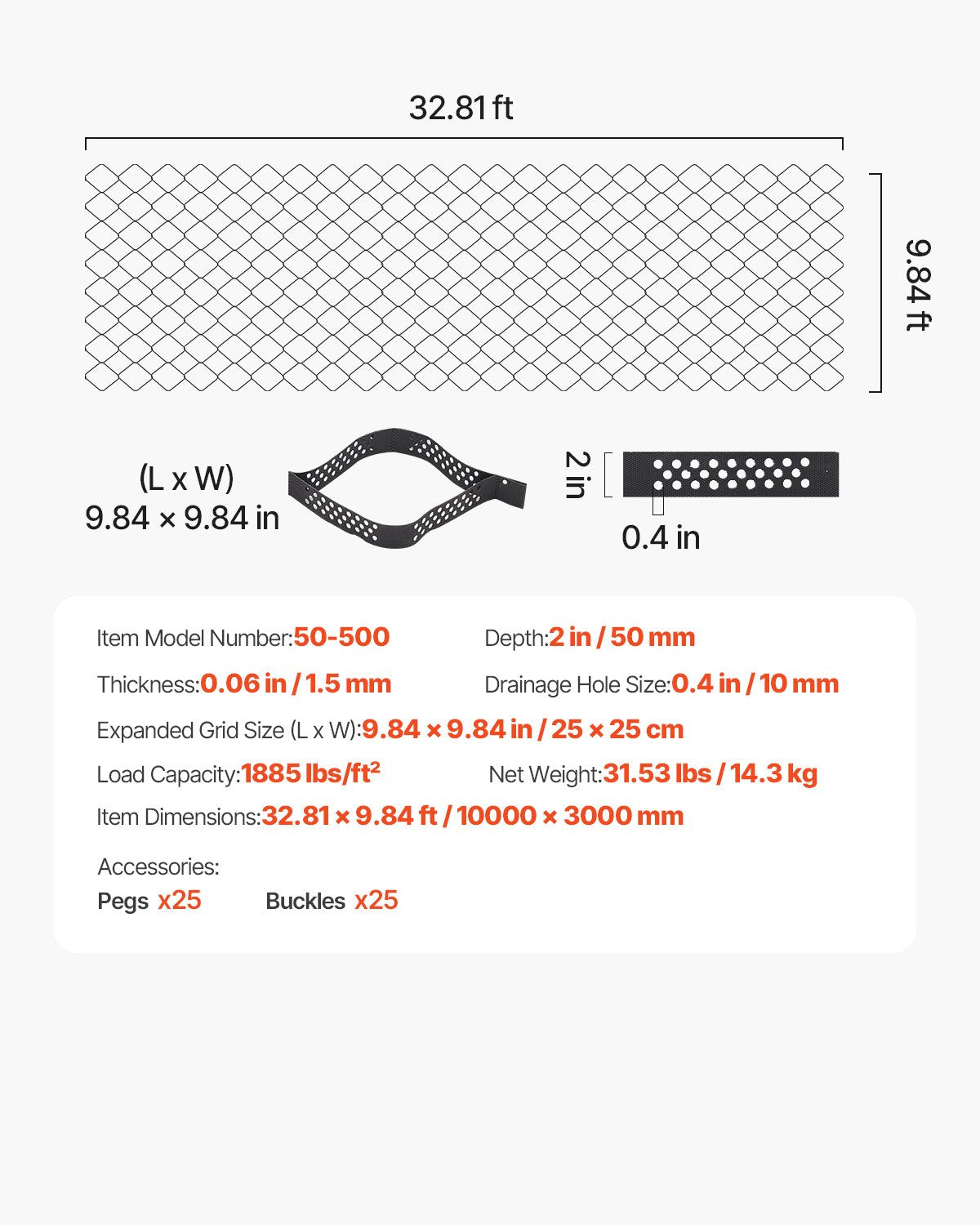 Gravel Grid, 2 Inch Depth, 32.81 x 9.84 FT / 10000 x 3000 mm, 1880 LBS Per Sq ft Grass Ground Retainer, Permeable Geo Grids Driveway Stabilization, for Garden, Patio, Walkway, RV Parking Slopes