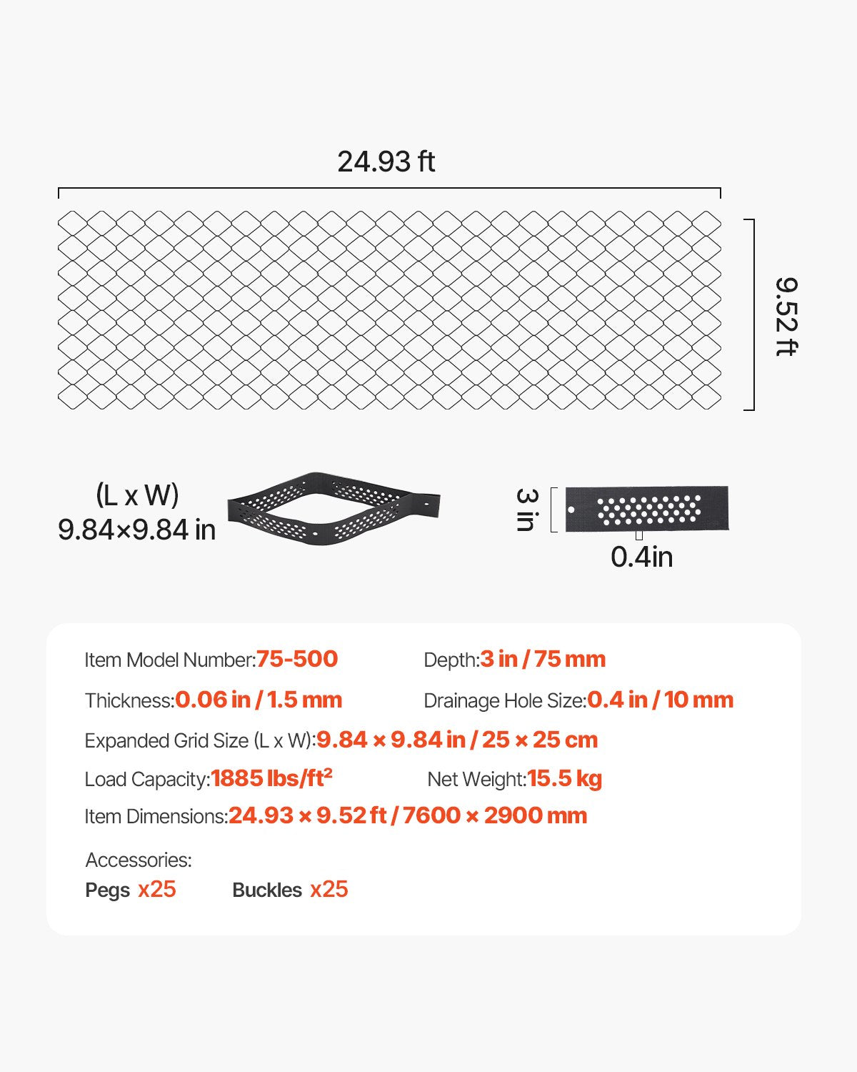 Kiesgitter, 7,6 cm Tiefe, 7600 x 2900 mm, 853 kg/m², durchlässiges Geogitter zur Stabilisierung von Einfahrten, für Gärten, Terrassen, Gehwege und Wohnmobil-Parkplätze