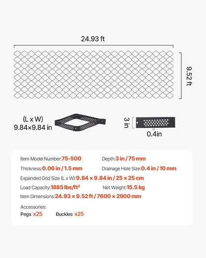 Kiesgitter, 7,6 cm Tiefe, 7600 x 2900 mm, 853 kg/m², durchlässiges Geogitter zur Stabilisierung von Einfahrten, für Gärten, Terrassen, Gehwege und Wohnmobil-Parkplätze