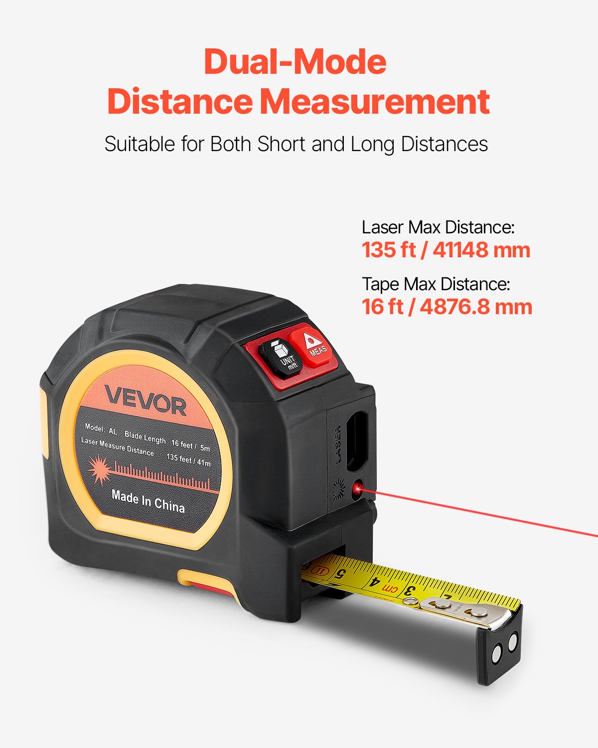 2-in-1 Laser Tape Measure, 41m Rechargeable Laser Measurement Tool & 4.8m Measuring Tape with Magnetic, 4 Modes-Length, Area, Volume, Continuous,ft/in/m/ft+in Unit,for Outdoor,Decoration