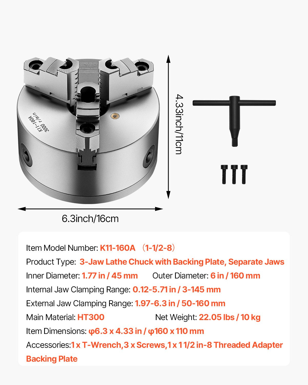 3-Jaw Lathe Chuck, 6 Inch (160 mm), Self-Centering Chuck with 1 1/2 in-8 Threaded Backing Plate, 0.12-5.71 in (3-145 mm) Clamping Range with T-wrench Screws, HT300 Material, for Wood Metal Lathe