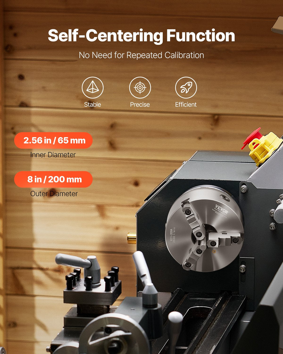 3-Jaw Lathe Chuck, 8 Inch (200 mm), Self-Centering Chuck with 2 1/4 in-8 Threaded Backing Plate, 0.16-7.87 in (4-200 mm) Clamping Range with T-wrench Screws, HT300 Material, for Wood Metal Lathe