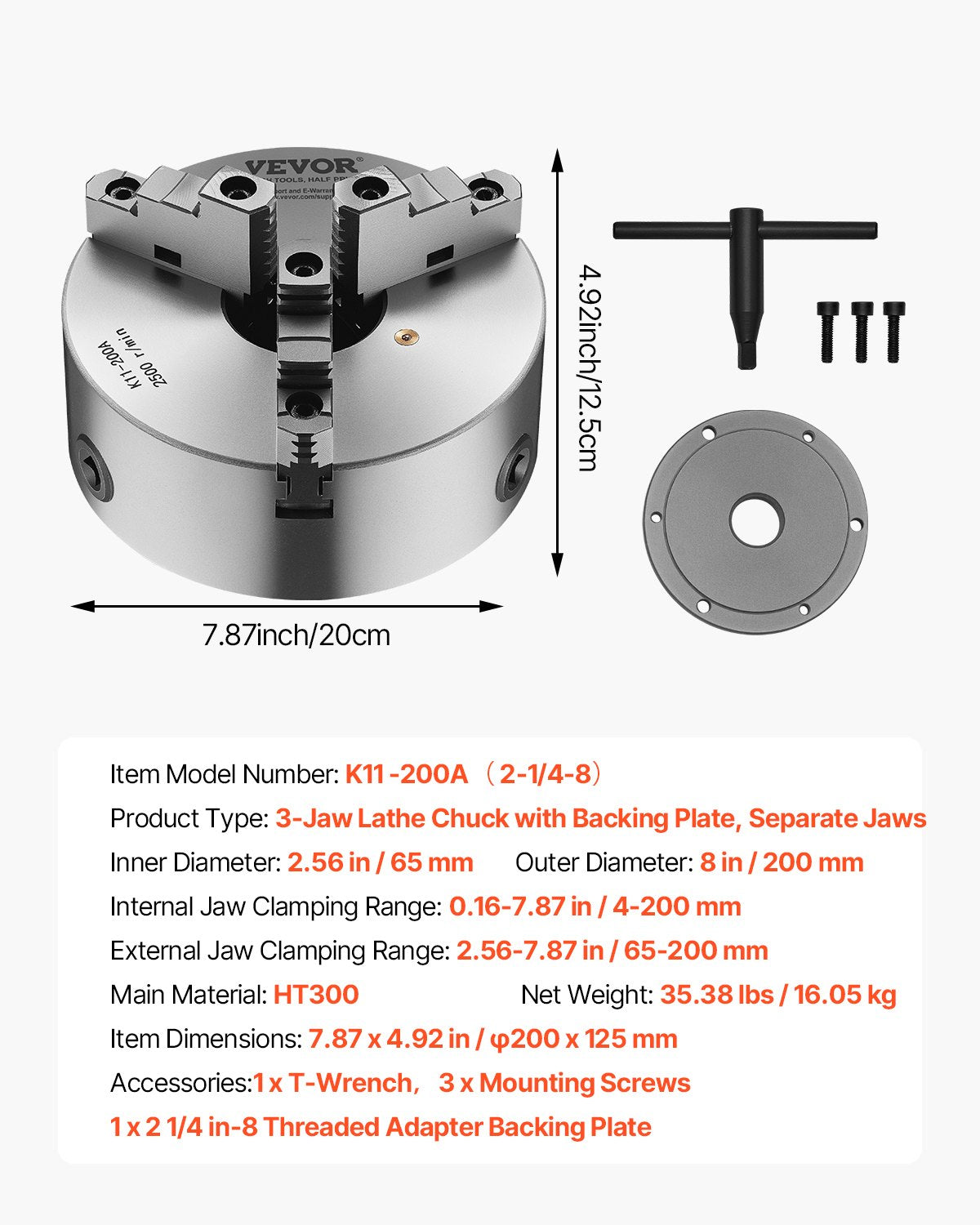 3-Jaw Lathe Chuck, 8 Inch (200 mm), Self-Centering Chuck with 2 1/4 in-8 Threaded Backing Plate, 0.16-7.87 in (4-200 mm) Clamping Range with T-wrench Screws, HT300 Material, for Wood Metal Lathe