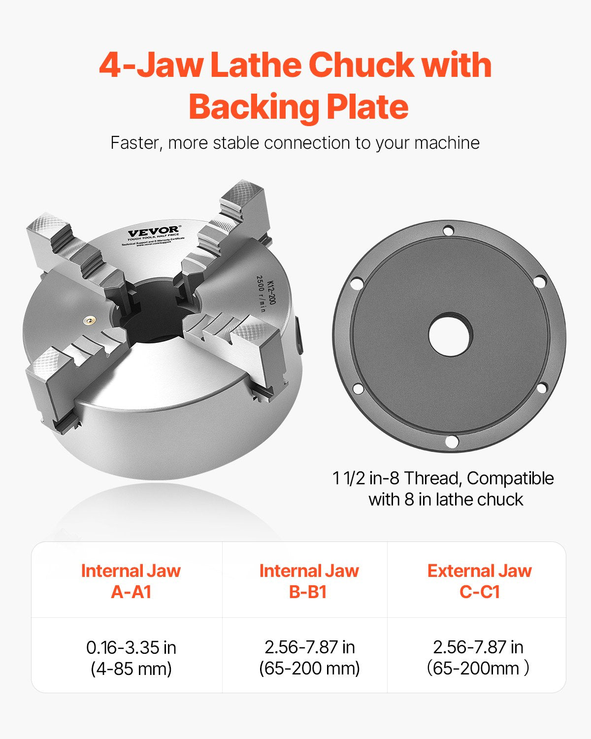 4-Jaw Lathe Chuck, 8 Inch (200 mm), Self-Centering Chuck with 1 1/2 in-8 Threaded Backing Plate, 0.16-7.87 in (4-200 mm) Clamping Range with T-wrench Screws, HT300 Material, for Wood Metal Lathe