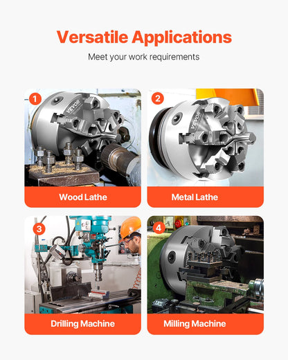 6-Jaw Lathe Chuck, 6 Inch (160 mm), Self-Centering Chuck with D1-4 Cam Lock Backing Plate, 0.12-5.71 in (3-145 mm) Clamping Range with T-wrench Screws, HT300 Material, for Wood Metal Lathe