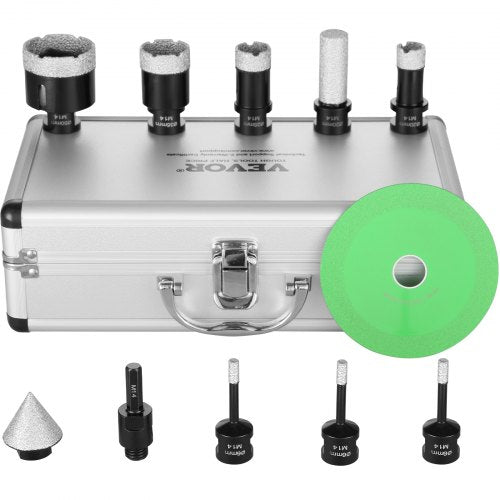 Diamant-Kernbohrer-Set, 7-teilig (6/6/6/20/25/35/50 mm), inklusive Fingerfräser, Kegelbohrer, Sägeblatt und Aufbewahrungskoffer für Trocken- und Nassbohren. Geeignet für Fliesen und Keramik.