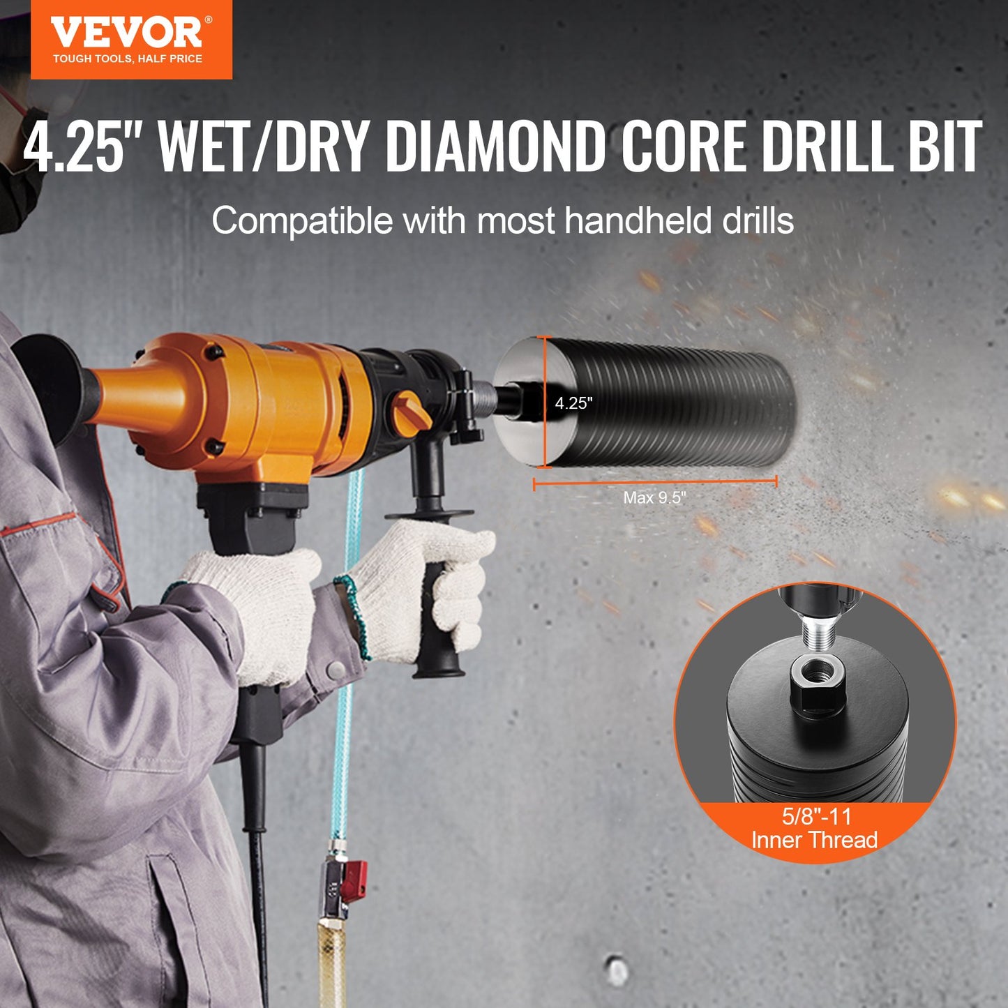 Core Drill Bit, 10.8 cm Wet/Dry Diamond Core Drill Bits for Brick and Block, Concrete Core Drill Bit with Pilot Bit Adapter and Saw Blade, 24.1 cm Drilling Depth, 1.6 cm-11 Inner Thread, Laser Welding
