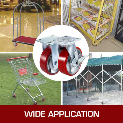 4 Pack 15.24 x 5.08 cm Caster Wheels 2 Rigid and 2 Swivel Casters with Side Brake Polyurethane Iron Core Plate 453.59 kg Capacity Per Wheel