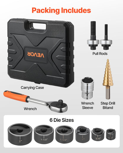 Knockout Punch Set, 12.7 to 50.8mm SLUG-Buster Ratchet Knockout Set, Ratchet Wrench Knockouts Punch Sets for Aluminum, Mild steel, Fiberglass, Plastics, 6 Die Sizes, 40Cr Steel Ko Tool Kit