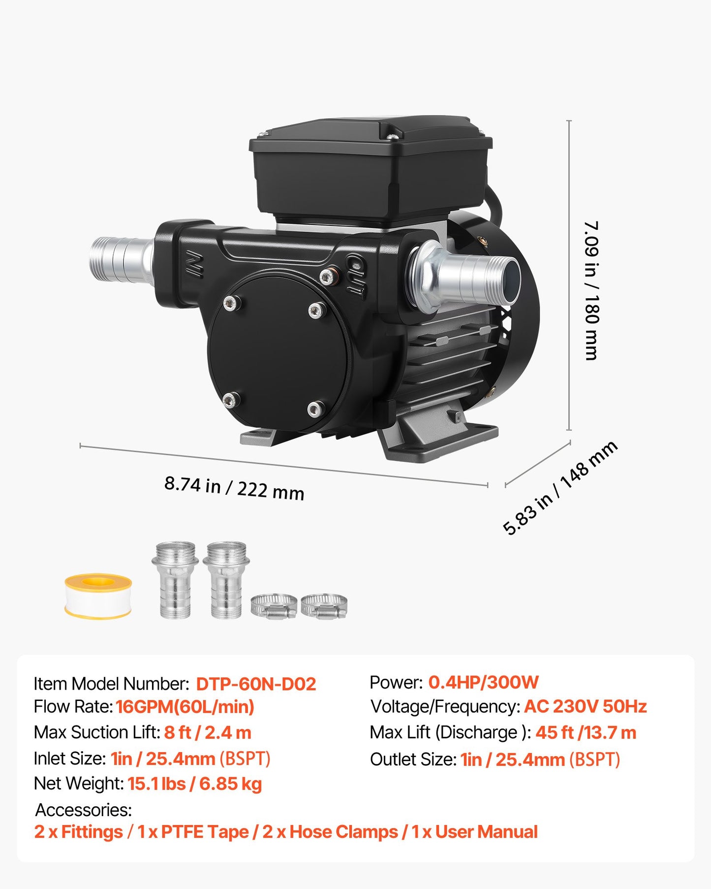 Oil Transfer Pump 230V, 16 GPM 60 L/min, AC Electric Fuel Transfer Pump for Diesel Kerosene Biodiesel, 8 ft/2.4 m Max Suction Lift, 45 ft/13.7 m Max Lift, for Vehicles, Construction Sites, Farms