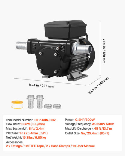 Oil Transfer Pump 230V, 16 GPM 60 L/min, AC Electric Fuel Transfer Pump for Diesel Kerosene Biodiesel, 8 ft/2.4 m Max Suction Lift, 45 ft/13.7 m Max Lift, for Vehicles, Construction Sites, Farms