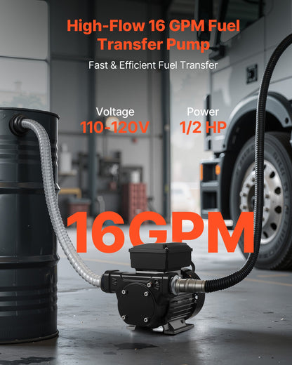 Fuel Transfer Pump 230V, 16 GPM 60 L/min, AC Electric Oil Transfer Pump for Diesel Kerosene Biodiesel, with Auto Fuel Nozzle & 2 Hoses, 45 ft/13.7 m Max Lift, for Vehicles, Construction Sites