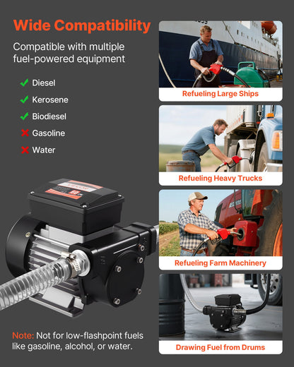 Fuel Transfer Pump 230V, 16 GPM 60 L/min, AC Electric Oil Transfer Pump for Diesel Kerosene Biodiesel, with Auto Fuel Nozzle & 2 Hoses, 45 ft/13.7 m Max Lift, for Vehicles, Construction Sites