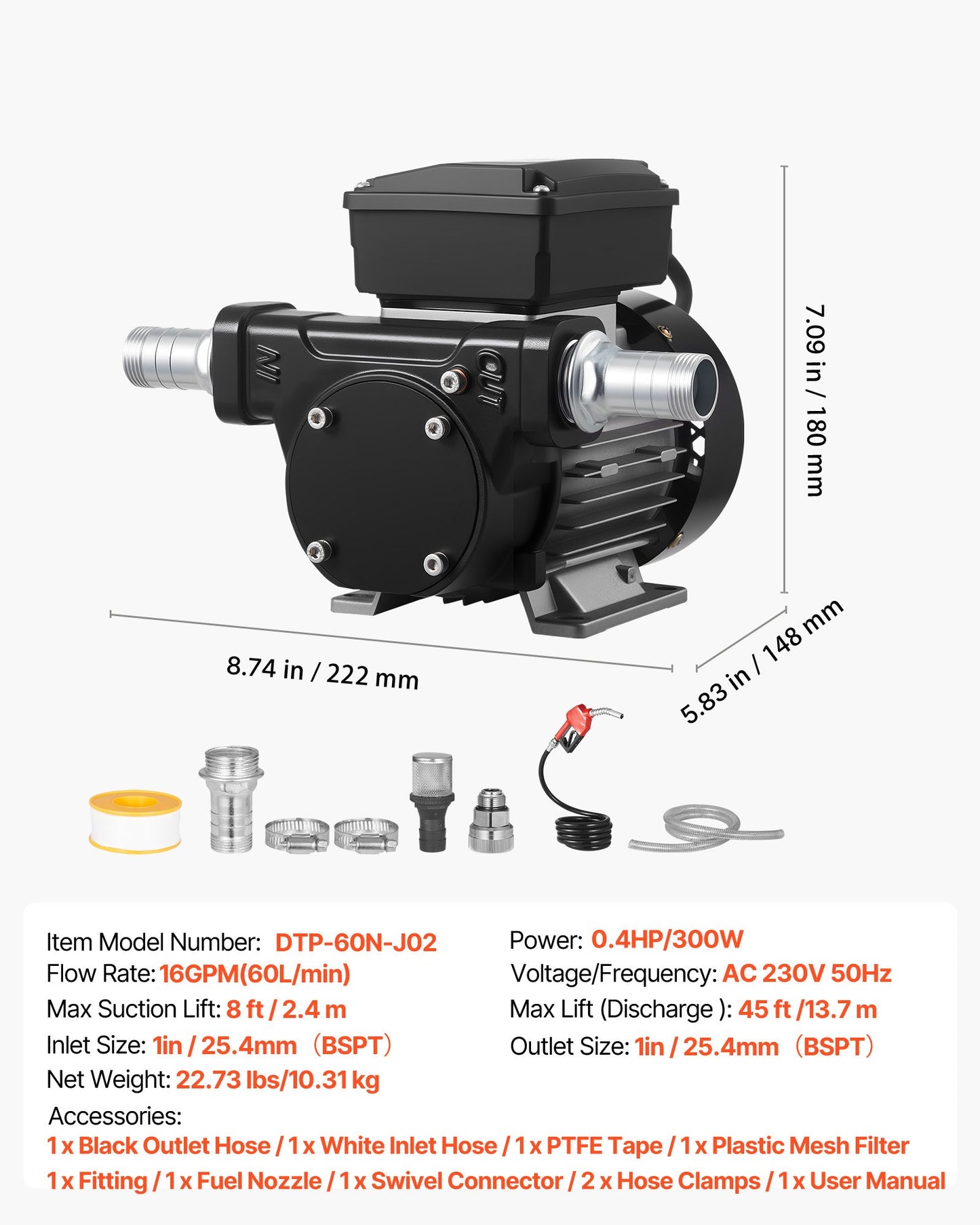 Fuel Transfer Pump 230V, 16 GPM 60 L/min, AC Electric Oil Transfer Pump for Diesel Kerosene Biodiesel, with Auto Fuel Nozzle & 2 Hoses, 45 ft/13.7 m Max Lift, for Vehicles, Construction Sites