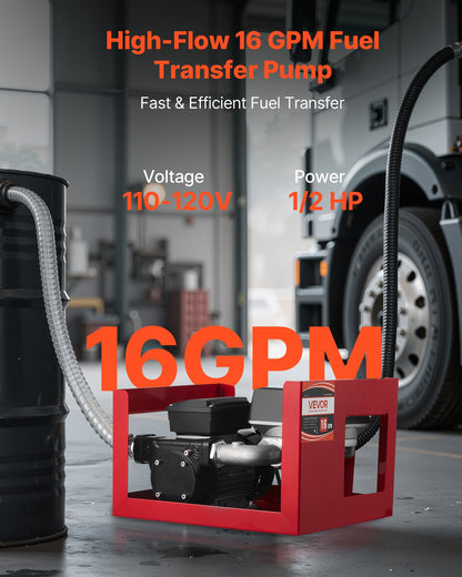 Fuel Transfer Pump 230V, 16 GPM 60 L/min, AC Electric Oil Transfer Pump for Diesel Kerosene Biodiesel, with Meter, Auto Fuel Nozzle & 2 Hoses, 45 ft/13.7 m Lift, for Vehicles, Construction Sites