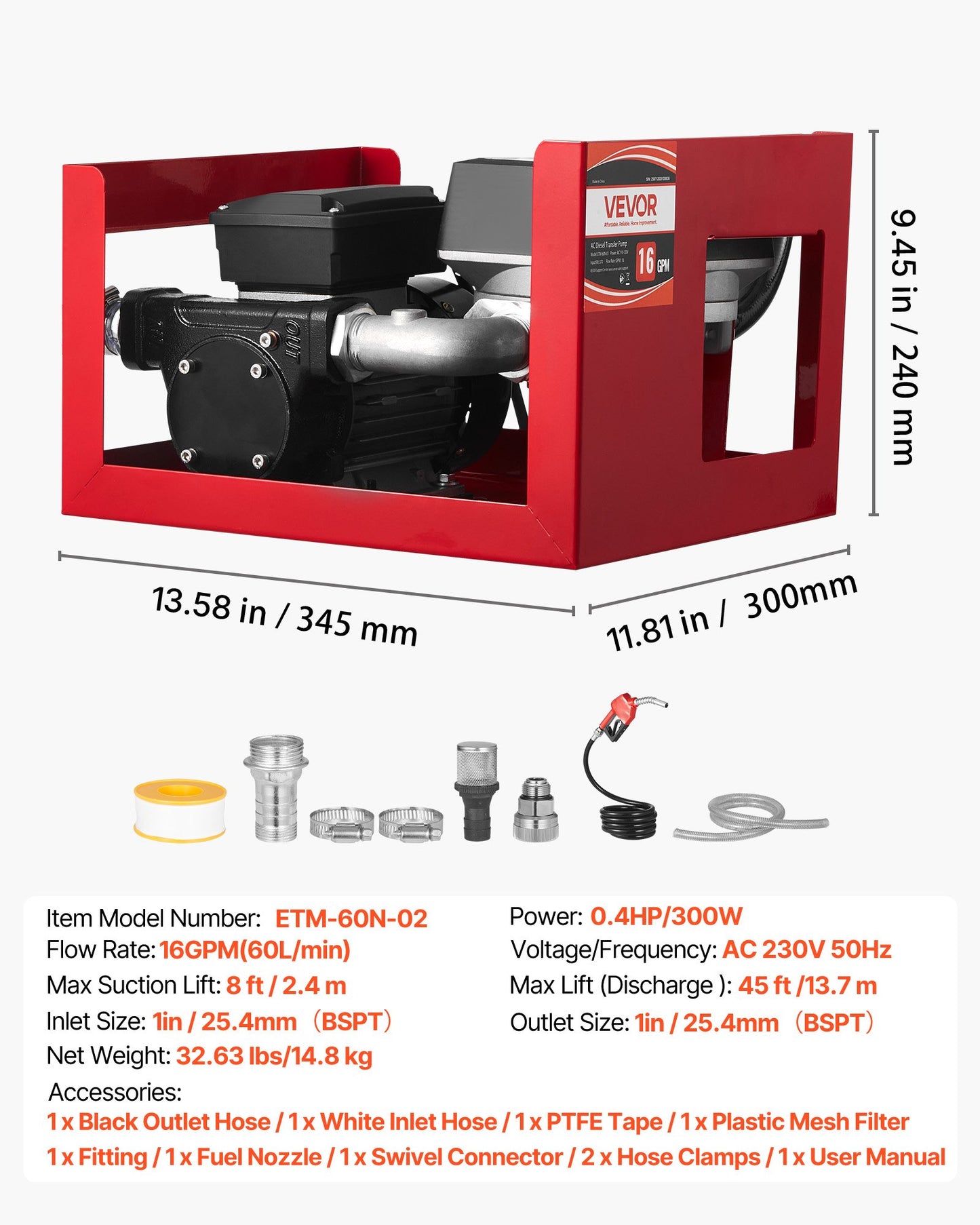 Fuel Transfer Pump 230V, 16 GPM 60 L/min, AC Electric Oil Transfer Pump for Diesel Kerosene Biodiesel, with Meter, Auto Fuel Nozzle & 2 Hoses, 45 ft/13.7 m Lift, for Vehicles, Construction Sites