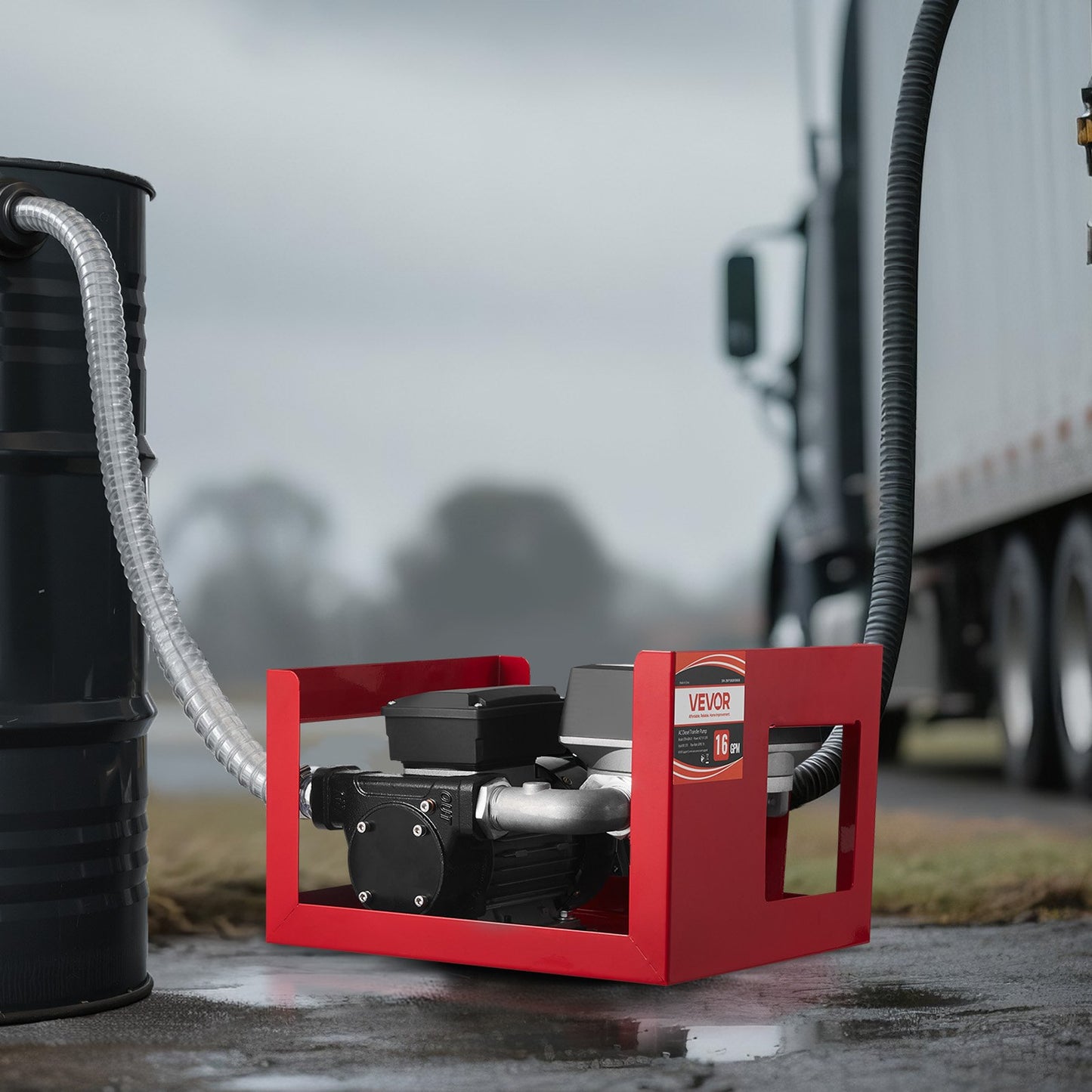 Fuel Transfer Pump 230V, 16 GPM 60 L/min, AC Electric Oil Transfer Pump for Diesel Kerosene Biodiesel, with Meter, Auto Fuel Nozzle & 2 Hoses, 45 ft/13.7 m Lift, for Vehicles, Construction Sites