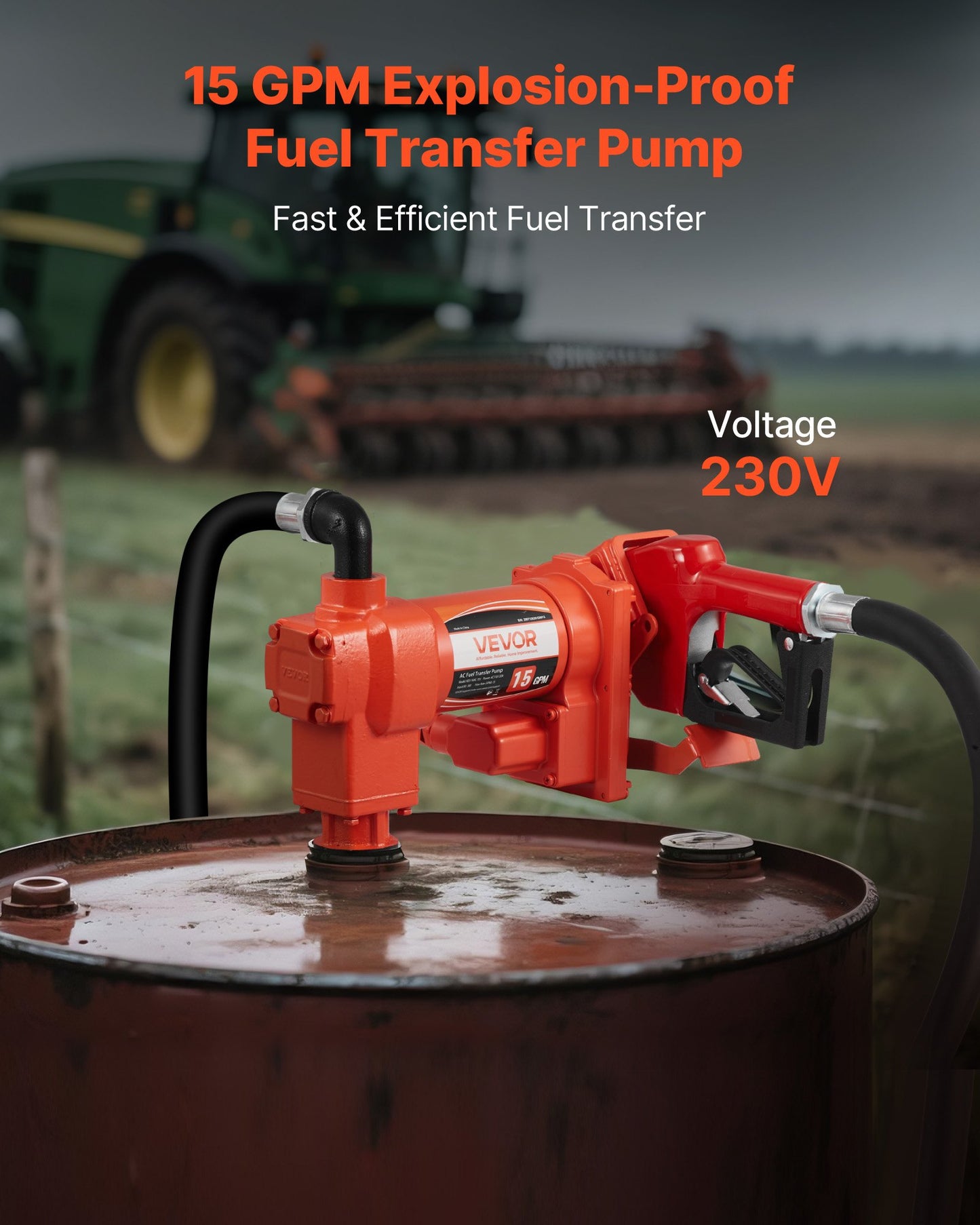 Fuel Transfer Pump 230V, 15 GPM 57 L/min, AC Electric Oil Transfer Pump, with Auto Shut-Off Fuel Nozzle & Discharge Hose, High Flow Kit for Gasoline, Diesel, Kerosene, Biodiesel, Ethanol Blends