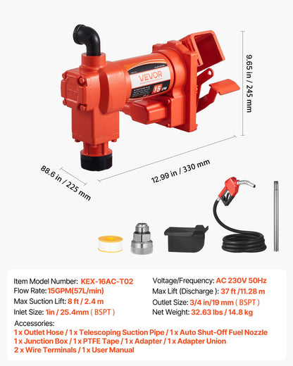 Fuel Transfer Pump 230V, 15 GPM 57 L/min, AC Electric Oil Transfer Pump, with Auto Shut-Off Fuel Nozzle & Discharge Hose, High Flow Kit for Gasoline, Diesel, Kerosene, Biodiesel, Ethanol Blends