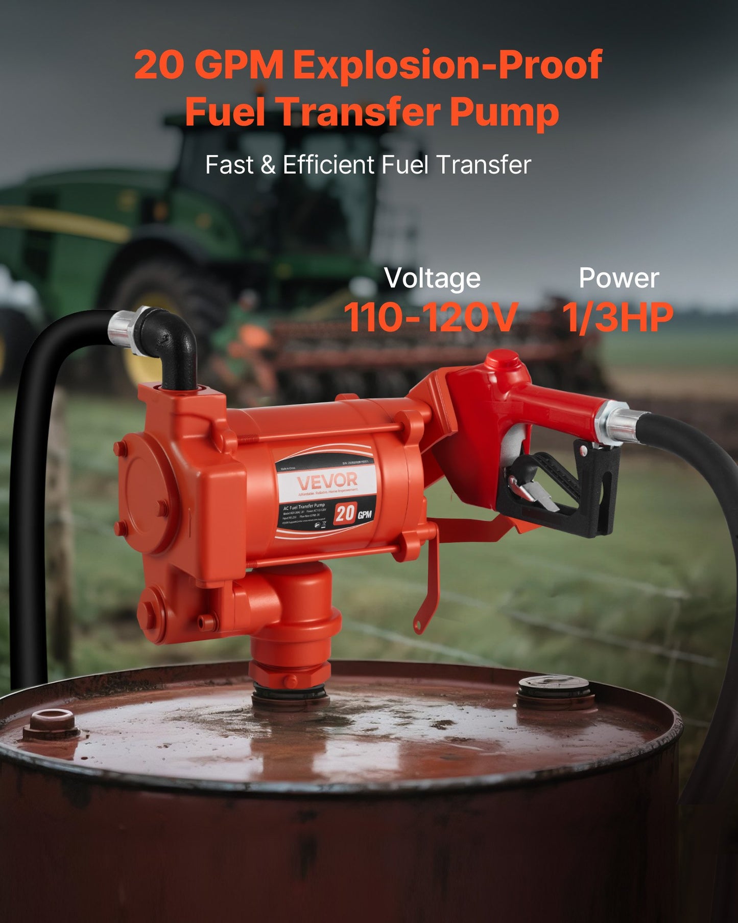Fuel Transfer Pump 230V, 20 GPM 76 L/min, AC Electric Oil Transfer Pump, with Auto Shut-Off Fuel Nozzle & Discharge Hose, High Flow Kit for Gasoline, Diesel, Kerosene, Biodiesel, Ethanol Blends