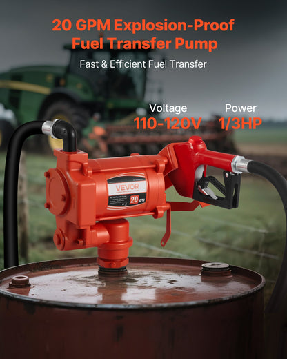 Fuel Transfer Pump 230V, 20 GPM 76 L/min, AC Electric Oil Transfer Pump, with Auto Shut-Off Fuel Nozzle & Discharge Hose, High Flow Kit for Gasoline, Diesel, Kerosene, Biodiesel, Ethanol Blends