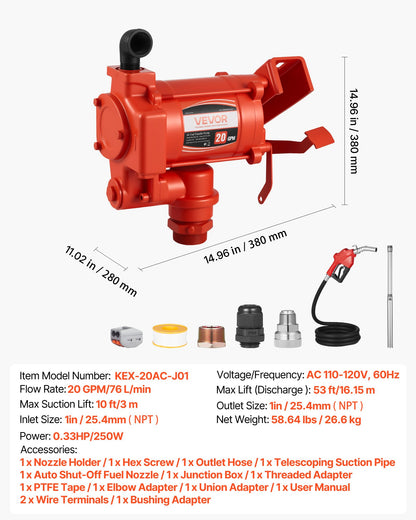 Fuel Transfer Pump 230V, 20 GPM 76 L/min, AC Electric Oil Transfer Pump, with Auto Shut-Off Fuel Nozzle & Discharge Hose, High Flow Kit for Gasoline, Diesel, Kerosene, Biodiesel, Ethanol Blends